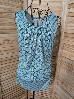 New York & Company Women’s Blouse Teal/White/Black Square Design Medium